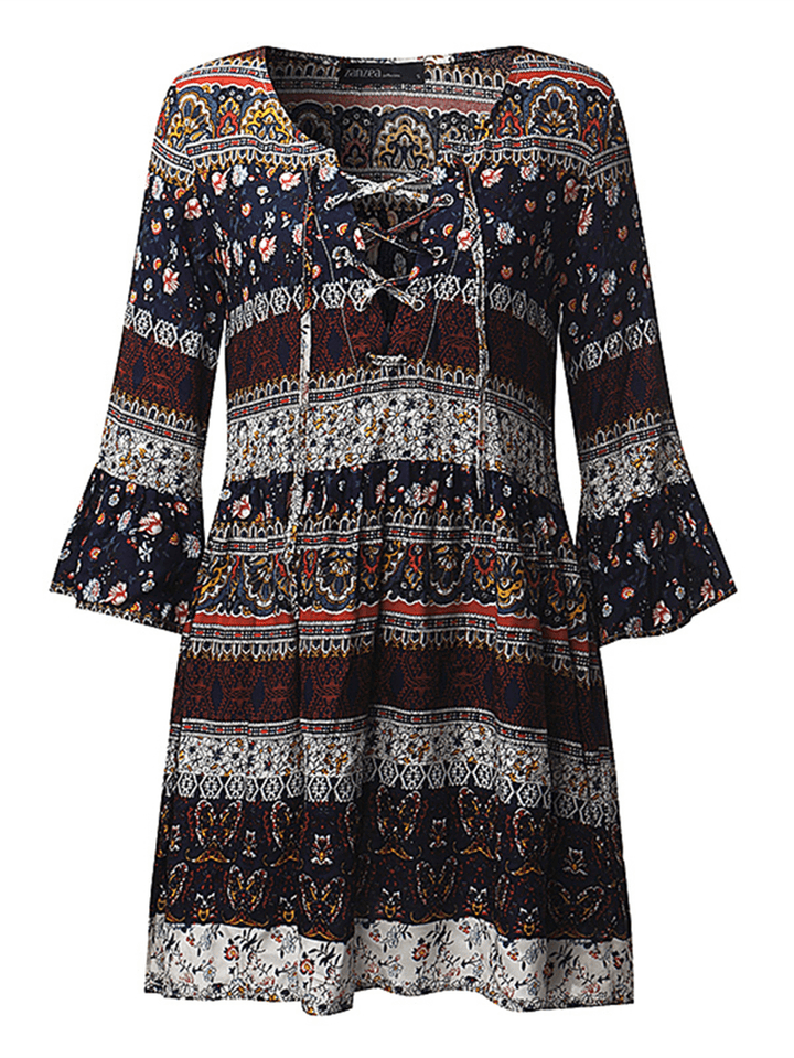 Bohemian Women V-Neck Bell Sleeve Floral Printed Mini Dress - MRSLM