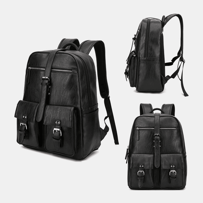 Men PU Leather Large Capacity Multi-Pocket Vintage 14 Inch Laptop Backpack - MRSLM