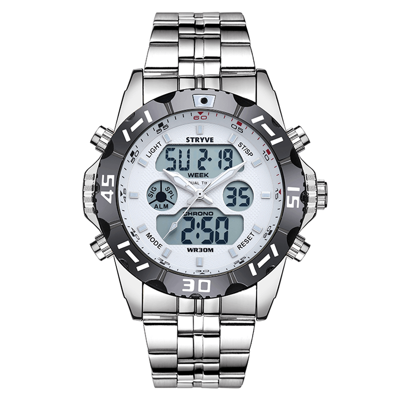 STRYVE S8011 Chronograph Alarm Calendar Stainless Steel Sport Dual Display Digital Watch - MRSLM