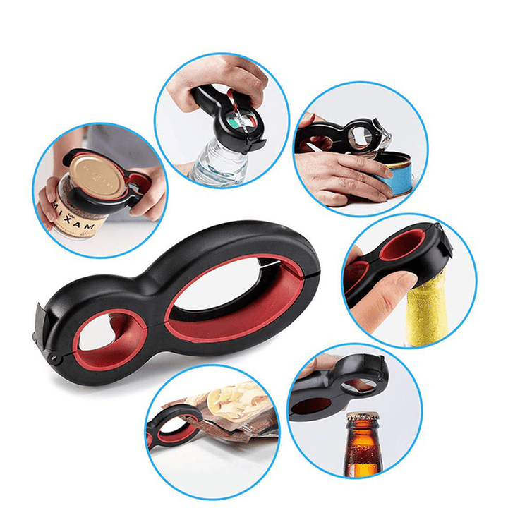 6 in 1 Can Opener Multi Purpose Screw Cap Bottle Openers Jar Lid Grip Kitchen Tool - MRSLM