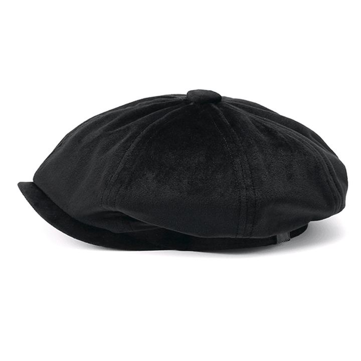 Men'S Solid Velvet Octagonal Cap Winter Warm Casual Newsboy Gentleman Cabbie Hats - MRSLM