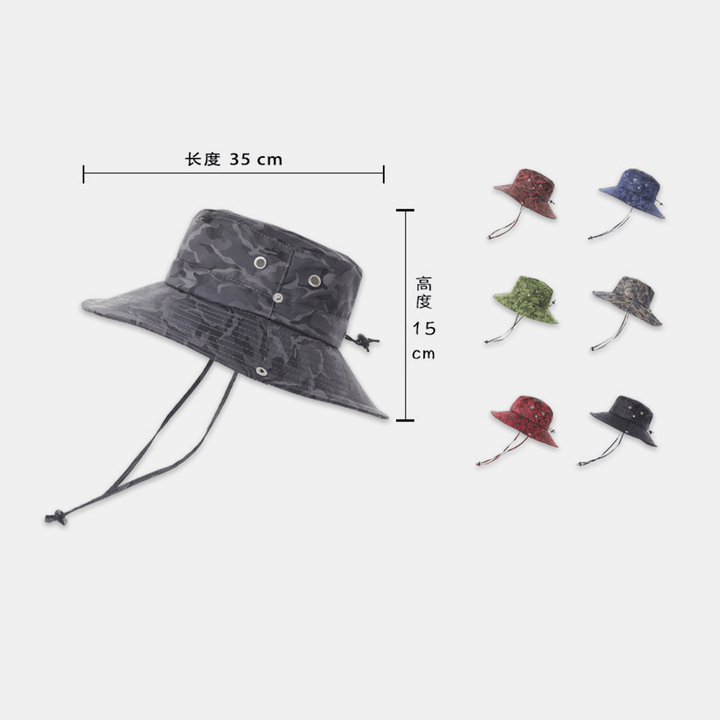 Men Camouflage Big Brim Windproof Rope Outdoor Fishing Climbing Anti-Uv Sunshade Bucket Hat - MRSLM