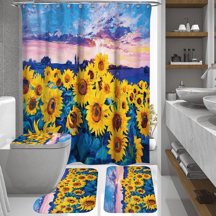 1/3/4Pcs Waterproof and Mildew Proof Shower Curtain Bathroom Toilet Rug Mat Set - MRSLM