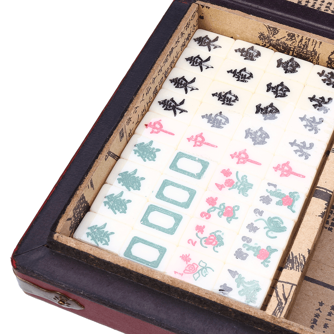 Chinese Mahjong Portable Retro Box Board Game Toy Rare 144 Tiles Mah-Jong Set in Leather Box - MRSLM