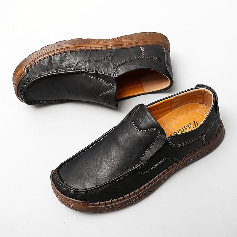 Menico Men Cowhide Breathable Hand Stitching Soft Sole Slip on Solid Casual Loafer Shoes - MRSLM