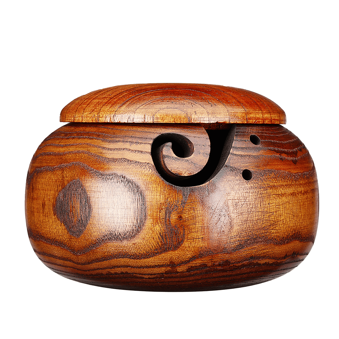 Bamboo Yarn Bowl Holder with Lid Wooden Skeins Knitting Crochet Thread Box Storage Baskets - MRSLM