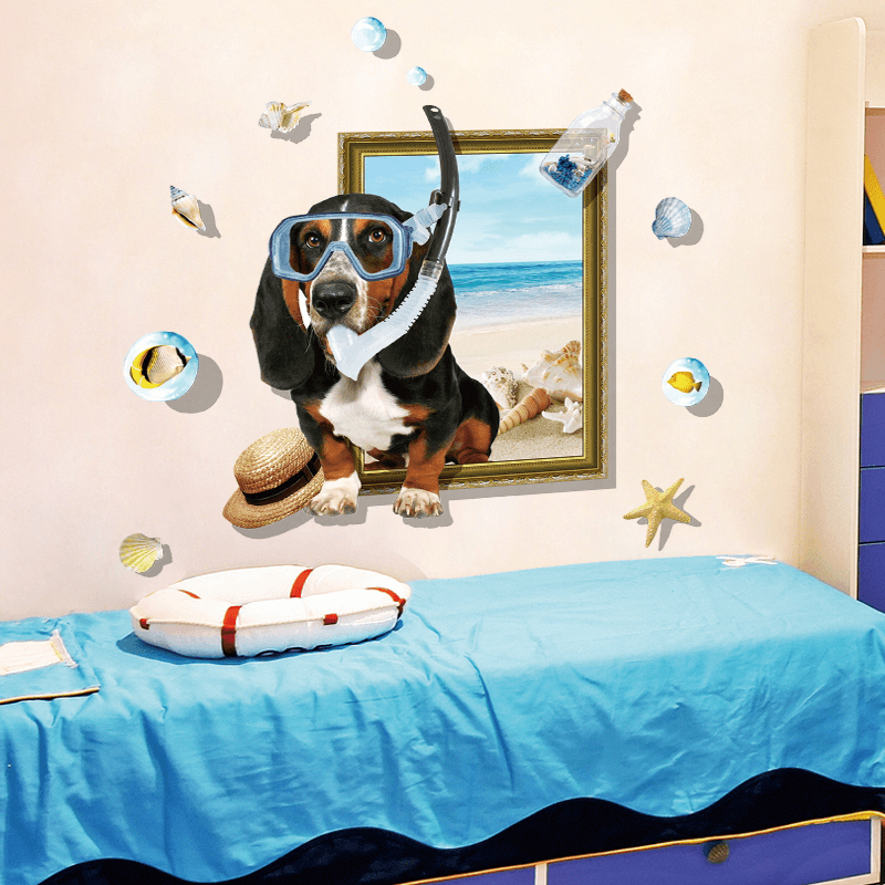 Miico Creative 3D Cartoon Summer Diving Dog Frame PVC Removable Home Room Decorative Wall Floor Decor Sticker - MRSLM