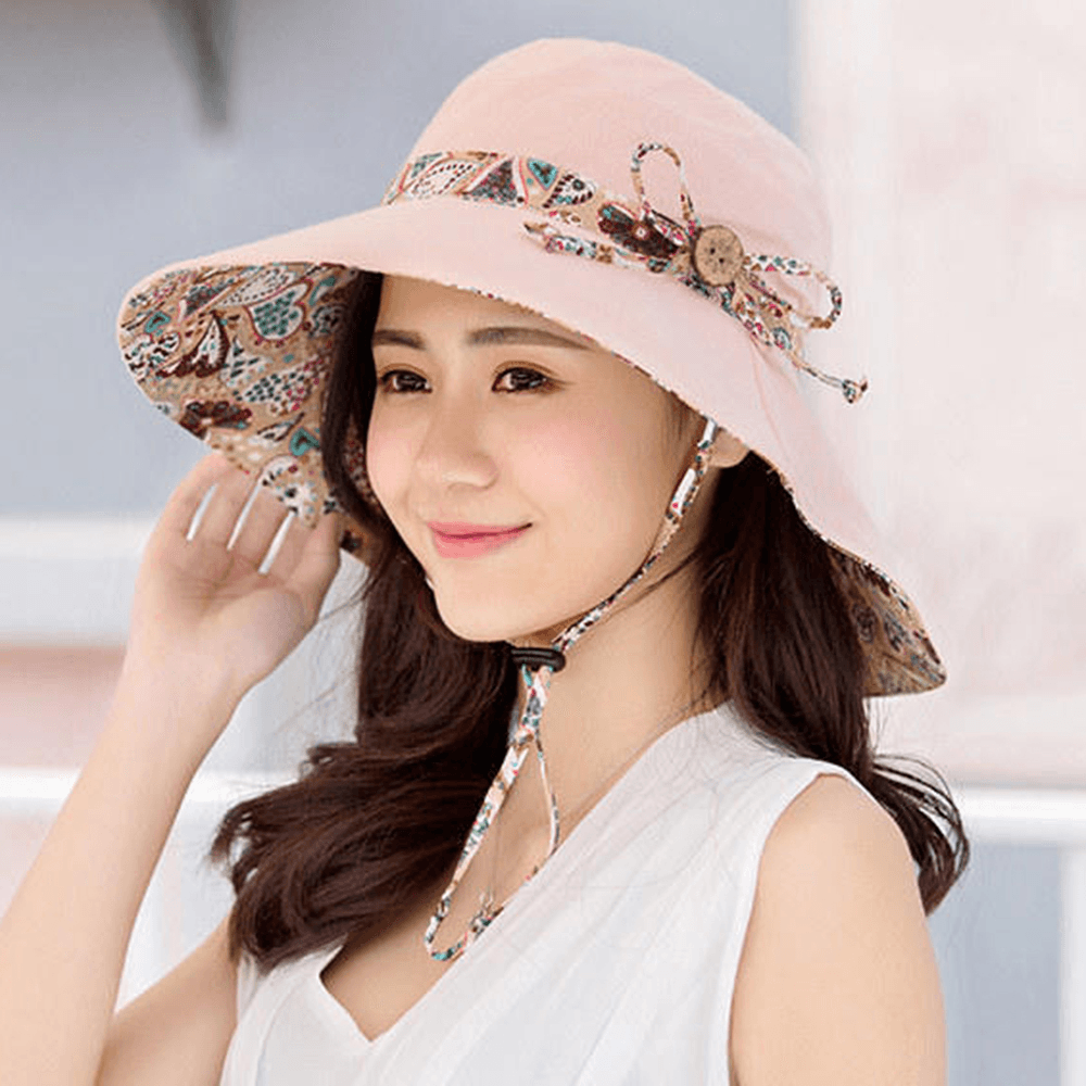 Multipurpose Foldable Anti-Uv Cap for Lady Print Beach Sun Hat Cotton Wide Brim Hat for Women Elegant Summer Hats - MRSLM