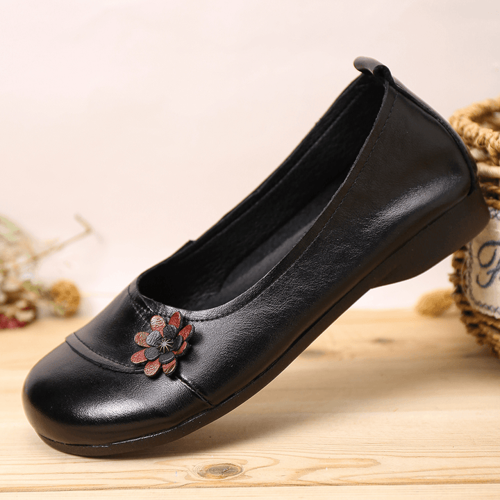 Women'S Leather Flowers Slip on Flats Loafers Shoes - MRSLM