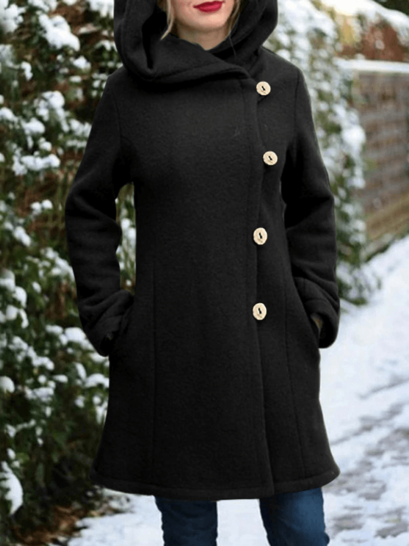 Women Hooded Single-Breasted Pocket Mid-Length Solid Color Warm Coat - MRSLM