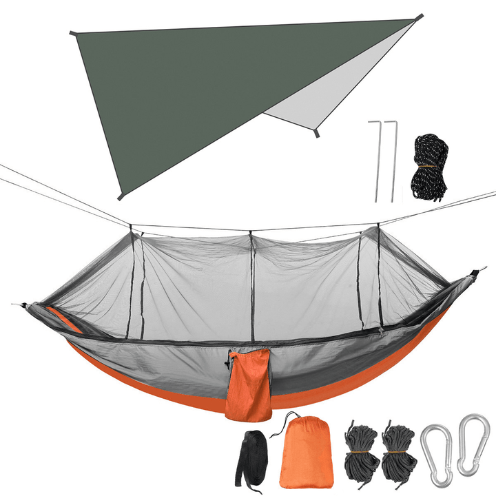 Double Person Camping Hammock with Mosquito Net + Awning Outdoor Hiking Travel Hanging Hammock Set Bearable 300Kg - MRSLM