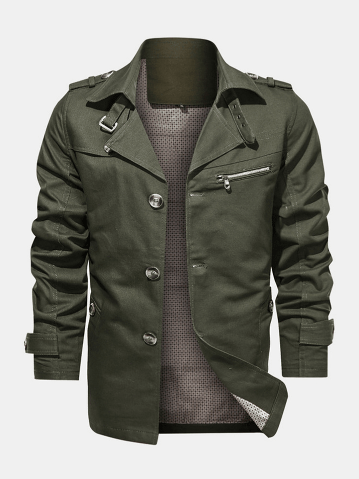 Mens 100% Cotton Solid Button Front Lapel Cargo Jacket with Pocket - MRSLM