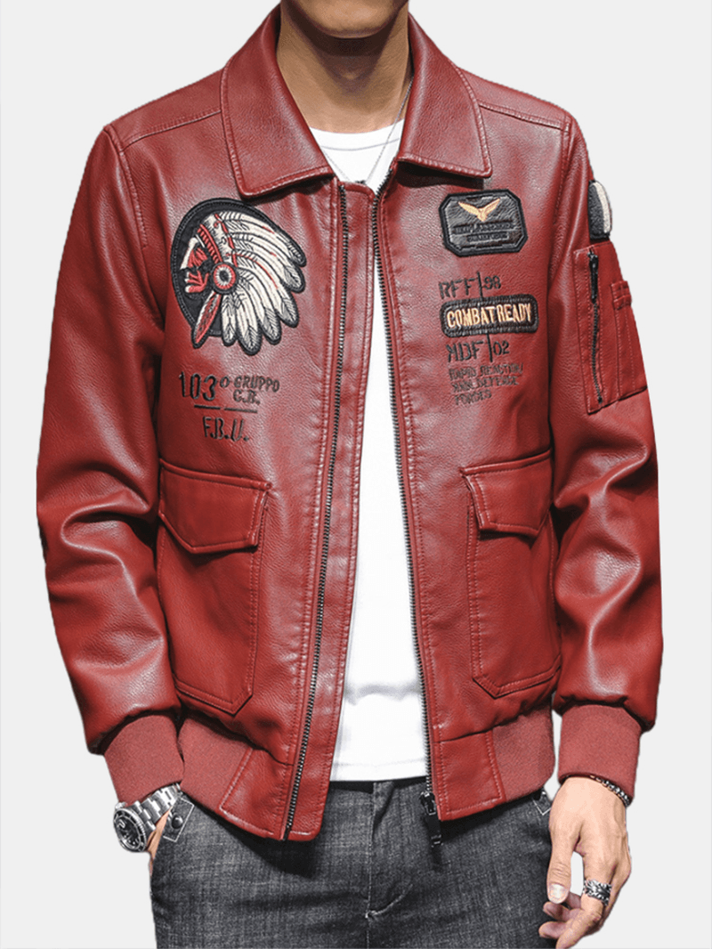 Mens Tribal Embroidery Eagle Head Badge Pocket Zipper Long Sleeve PU Leather Jackets - MRSLM