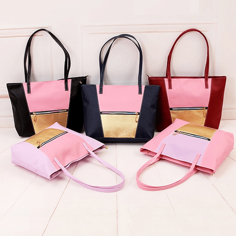 Women PU Leather Large Capacity Color Block Handbag Shoulder Bag - MRSLM