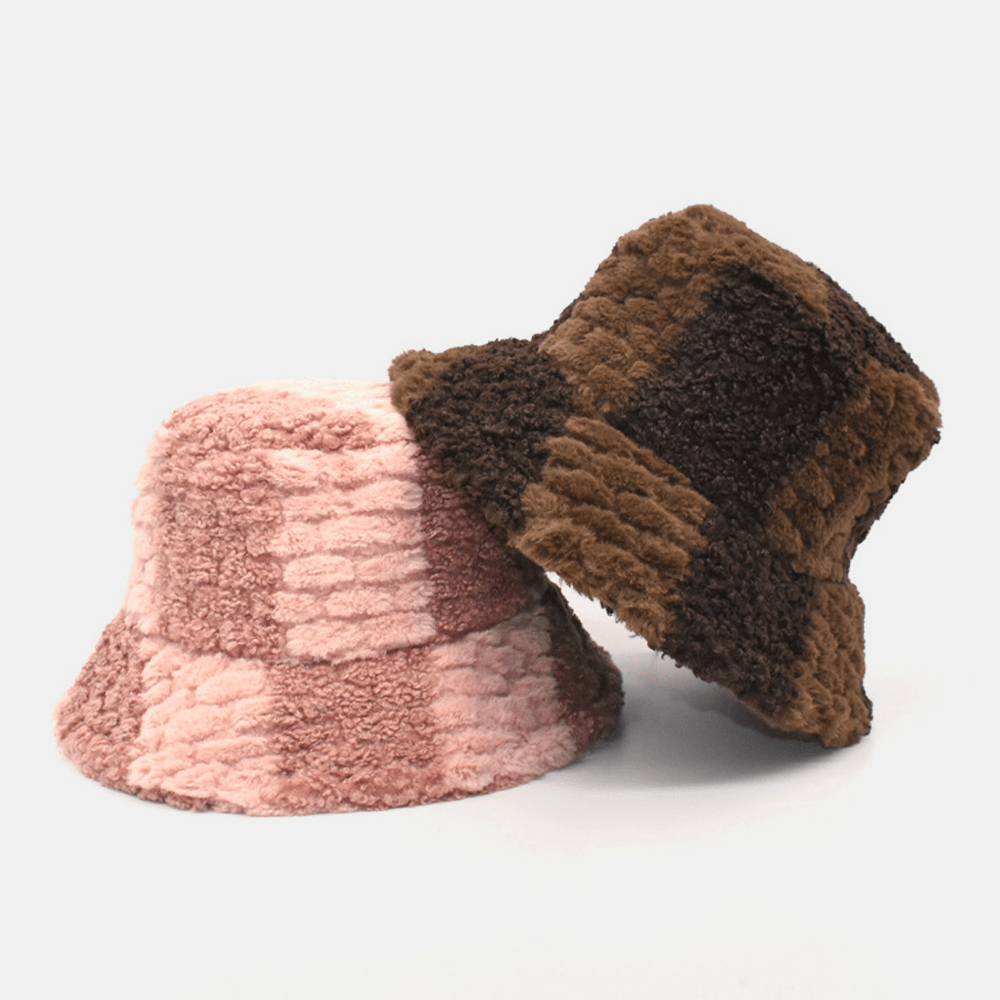 Unisex Lamb Hair Contrast Color Casual Warm Couple Hat Bucket Hat - MRSLM