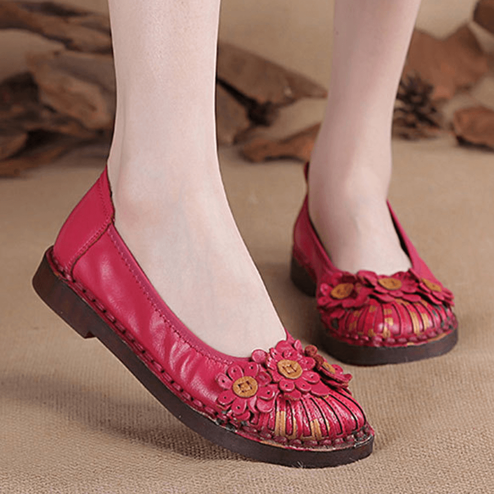 Women Retro Flowers Decor Handmade Stitching Non Slp Soft Sole Loafers - MRSLM