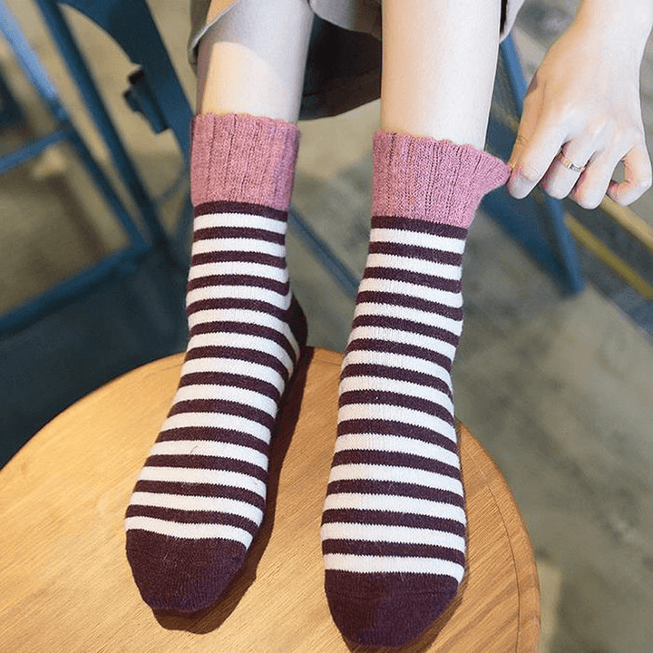 Women High Cuff Mouth Striped Wool Socks - MRSLM