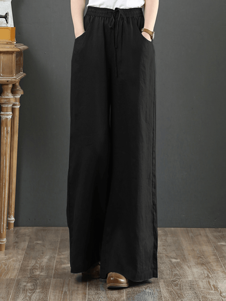 Women Solid Color Elastic Waist Drawstring Wide Leg Pants with Pocket - MRSLM