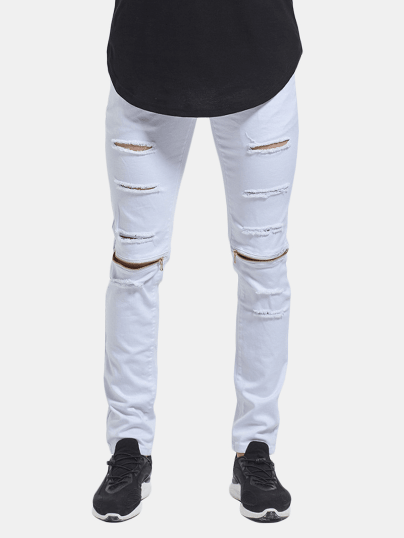 Skinny Hip Hop Ripped Knee Zipper Jeans - MRSLM