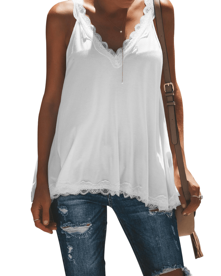 Casual Summer V-Neck Lace Patchwork Sleeveless Tank Top - MRSLM