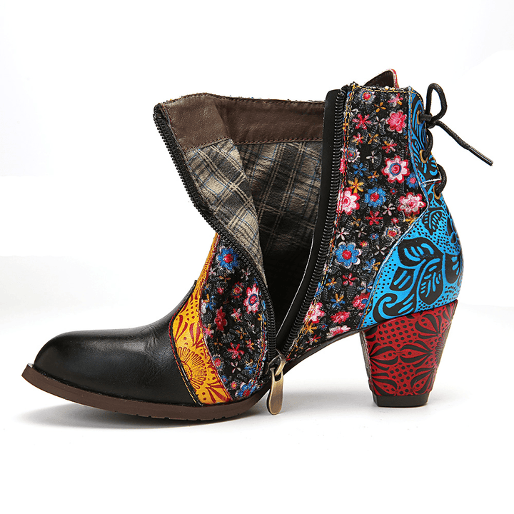 Women Retro Leaf Flower Leather Comfy Zipper Ankle Boots - MRSLM