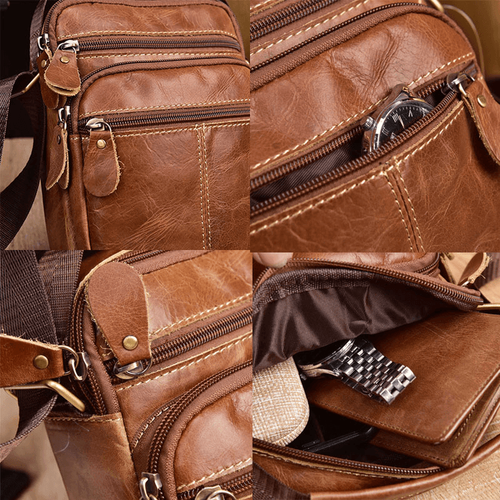 Men Genuine Leather Multi-Pocket Vintage 6.3 Inch Phone Bag Crossbody Bags Shoulder Bag Handbag - MRSLM