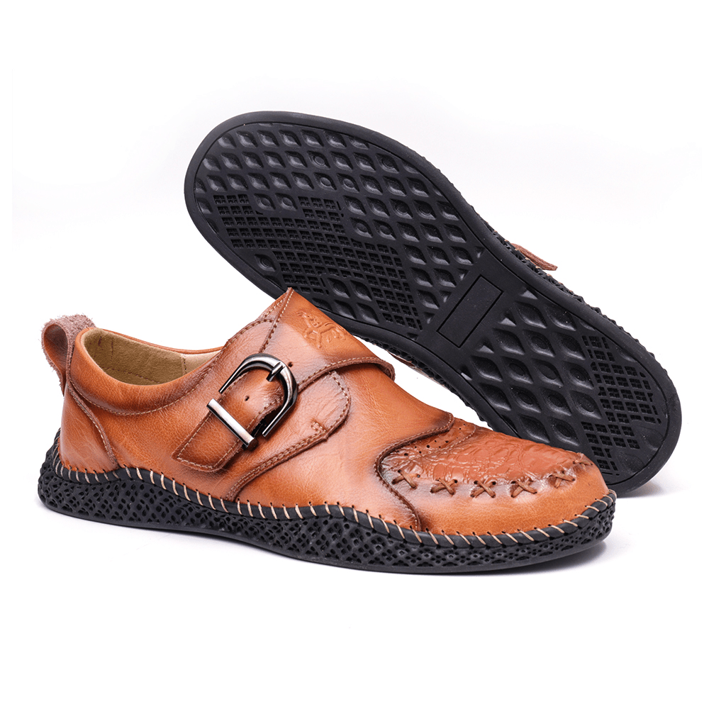 Menico Men Hand Stitching Comfy Soft Sole Buckle Strap Casual Flats - MRSLM