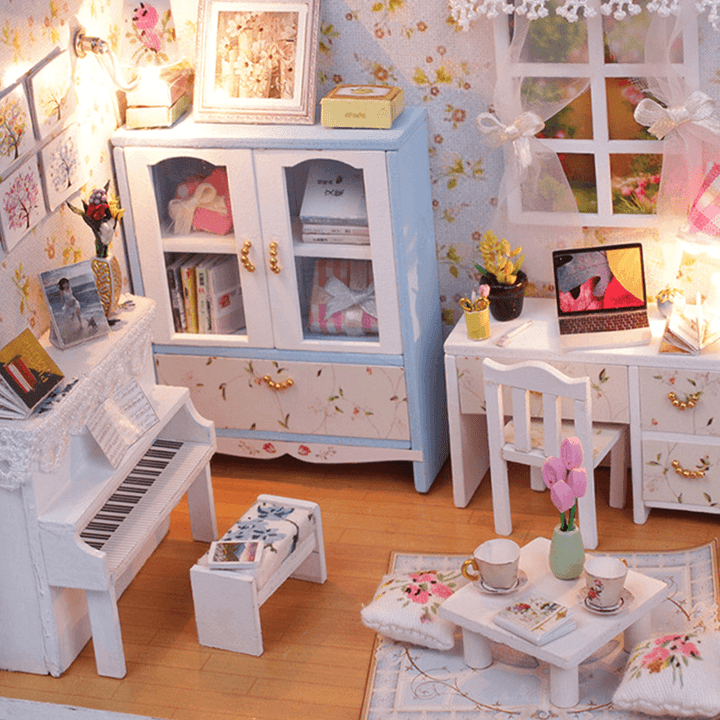 Wooden DIY Handmade Assemble Miniature Doll House Kit Toy with LED Light Dust Cover for Gift Collection Home Decoration - MRSLM