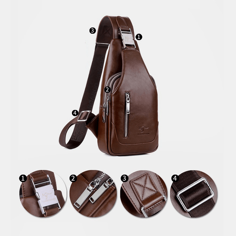 Men PU Leather Business Casual Outdoor Waterproof Multi-Carry Shoulder Bag Crossbody Bag Chest Bag with USB Charging - MRSLM