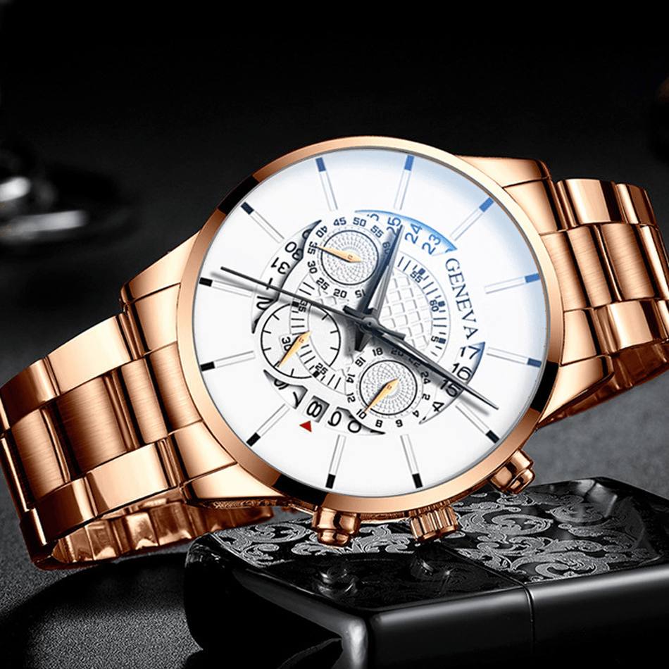 Geneva Business with Calendar Dial Stainless Steel Band Waterproof Men Quartz Watch - MRSLM