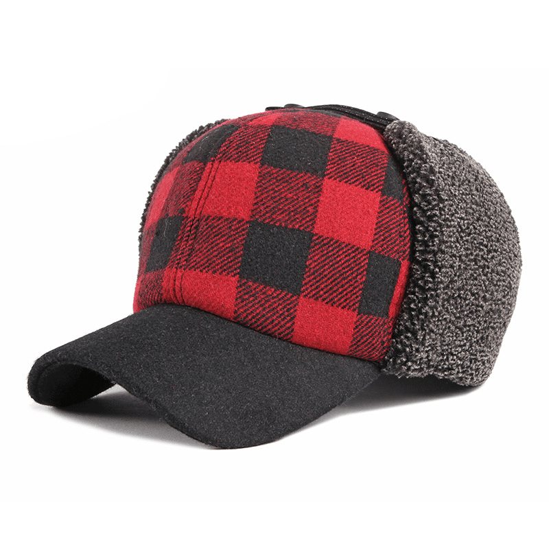 Trendy plus Velvet Thick Plaid Ear Protection Cotton Cap Men - MRSLM