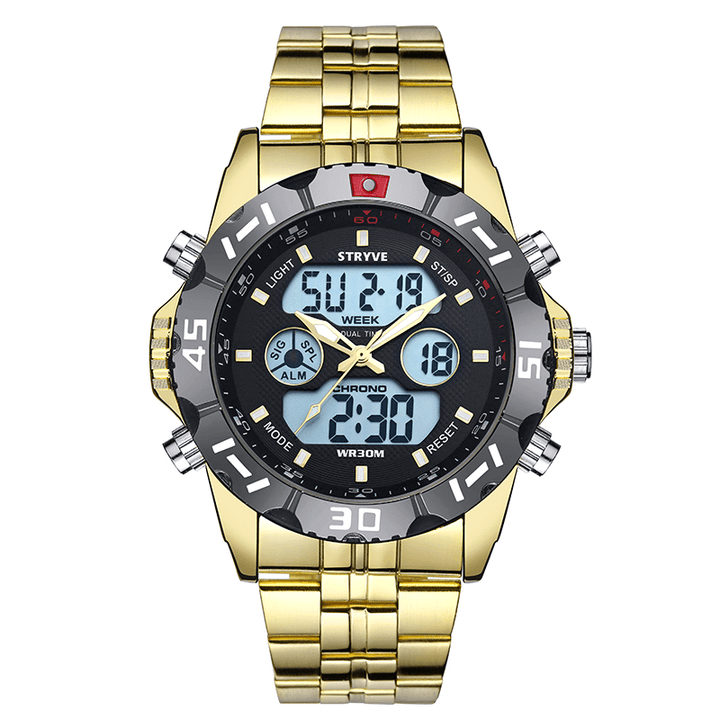 STRYVE S8011 Chronograph Alarm Calendar Stainless Steel Sport Dual Display Digital Watch - MRSLM