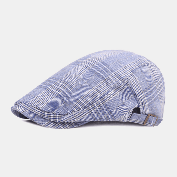 Men Cotton Beret Cap Plaid Pattern Casual Retro Sunshade Forward Cap Flat Hat - MRSLM