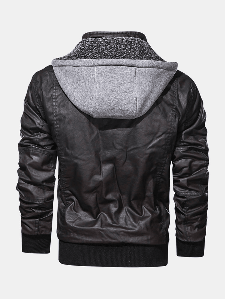 Mens Hooded Pocket PU Leather Motorcycle Jacket - MRSLM