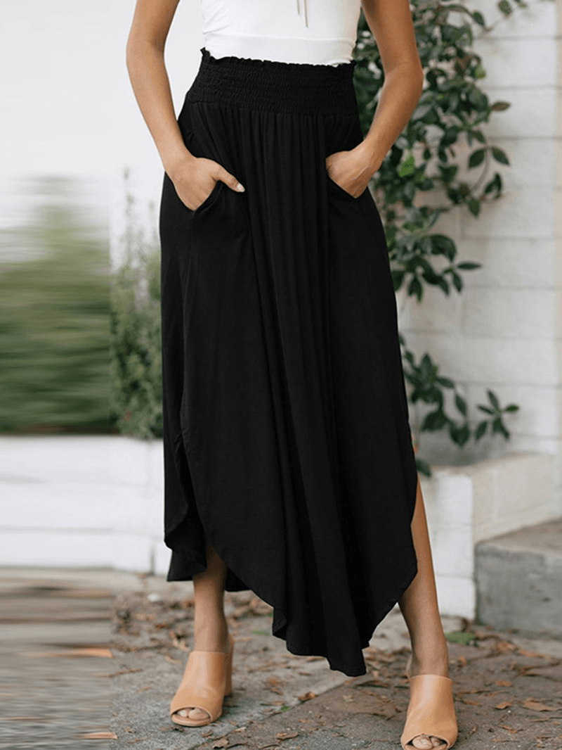 Women Elastic Waist Irregular Hem Side Fork Casual Skirts with Pocket - MRSLM