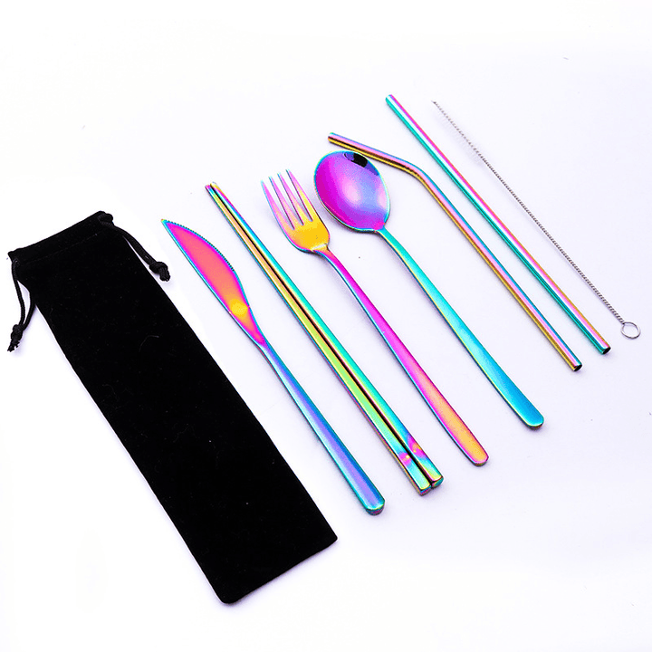 7 Pcs Tableware Set Stainless Steel Fork Spoon Knife Chopsticks Straw Brush Portable Flatware Outdoor Camping Picnic - MRSLM