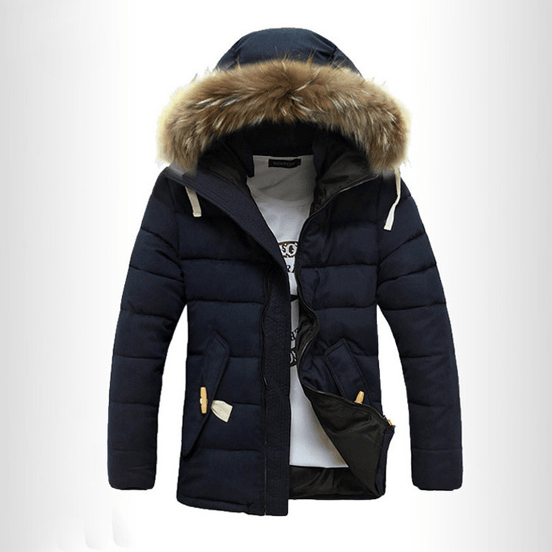 2021 Winter Fur Collar Cotton-Padded Jacket Men'S Korean Style Slim Mid-Length Men'S Student Padded Jacket and Velvet Thick Hooded Jacket - MRSLM