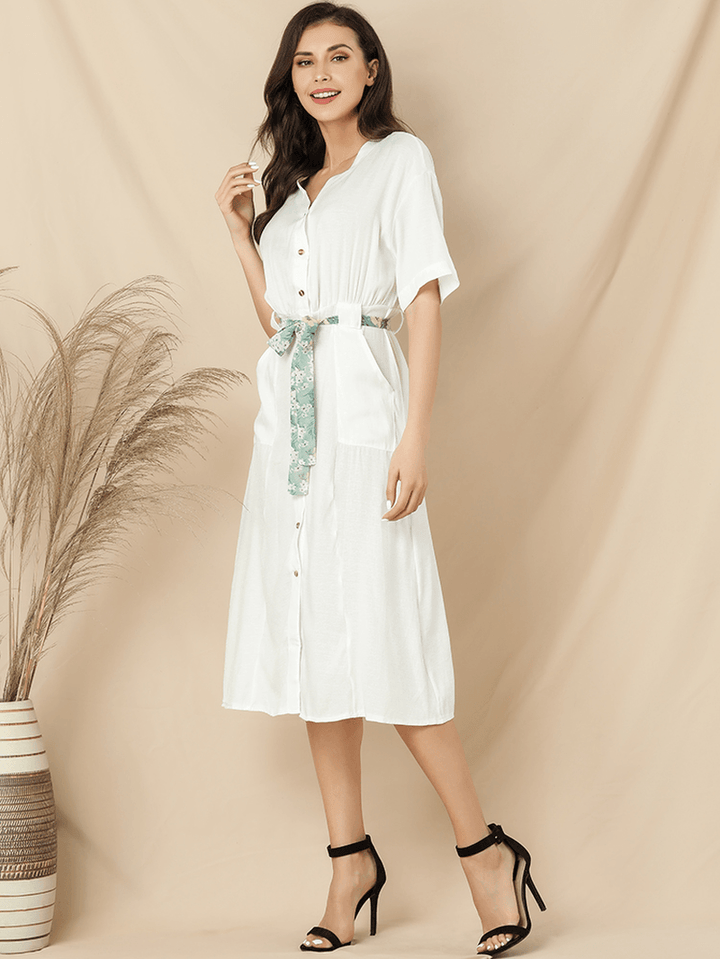 Women Casual V-Neck Short Sleeve Midi Shirt Dress - MRSLM