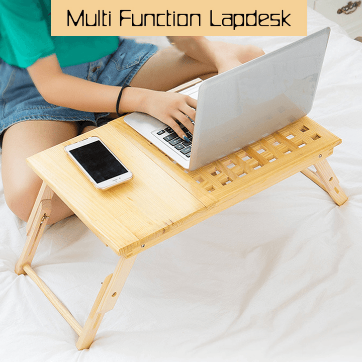 Multi Function Lapdesk Table Bed Tray Folding Adjustable Table Tilting Top with Storage Drawer Bamboo Wood - MRSLM