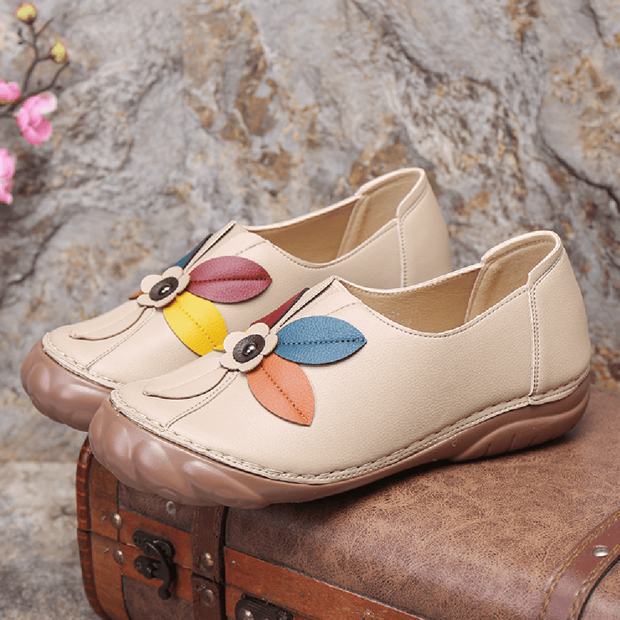 Women Retro Flower Stitching Comfy round Toe Slip on Flat Loafers Shoes - MRSLM