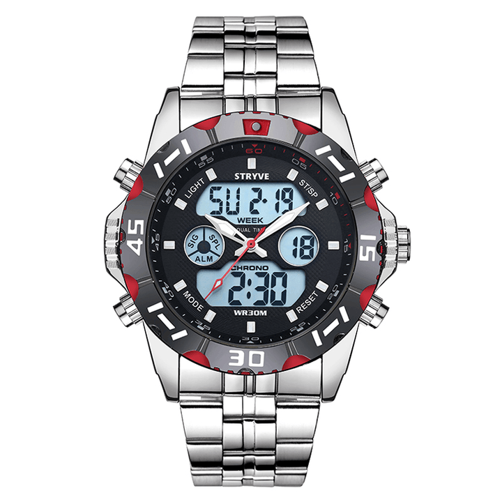 STRYVE S8011 Chronograph Alarm Calendar Stainless Steel Sport Dual Display Digital Watch - MRSLM