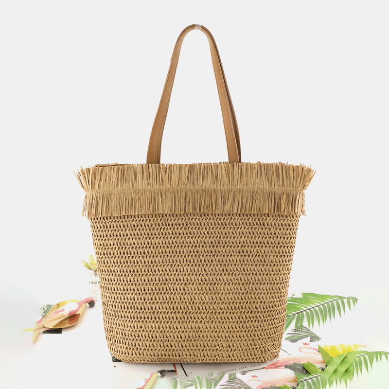 Women Straw Large Capacity Casual Retro Breathable Beach Bag Handbag Shoulder Bag - MRSLM