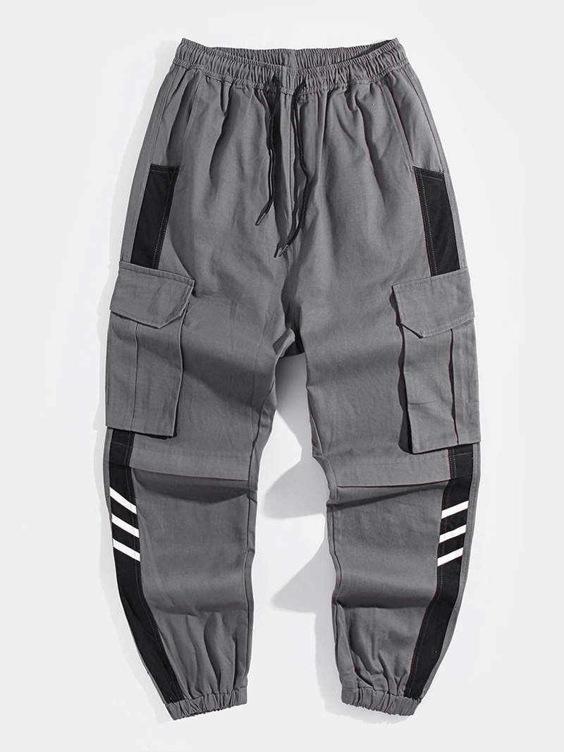 Mens Side Striped Patchwork Cotton Drawstring Cuffed Cargo Jogger Pants - MRSLM