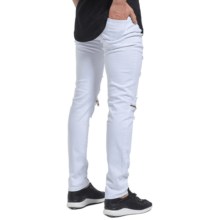 Skinny Hip Hop Ripped Knee Zipper Jeans - MRSLM