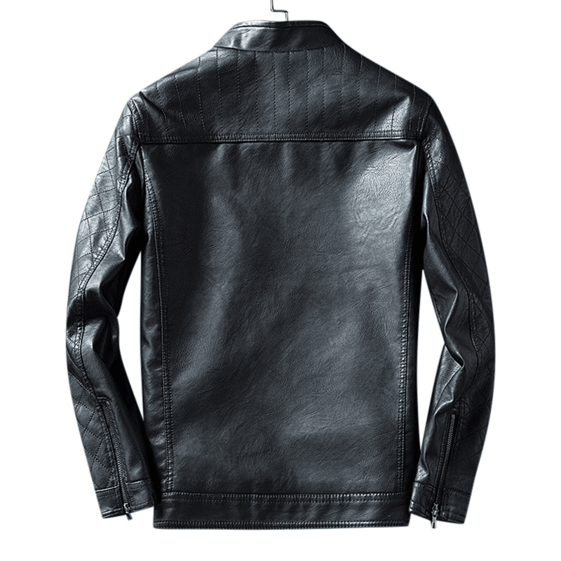 Men Zipper Dual Pockets Stand Collar Leather Jacket - MRSLM