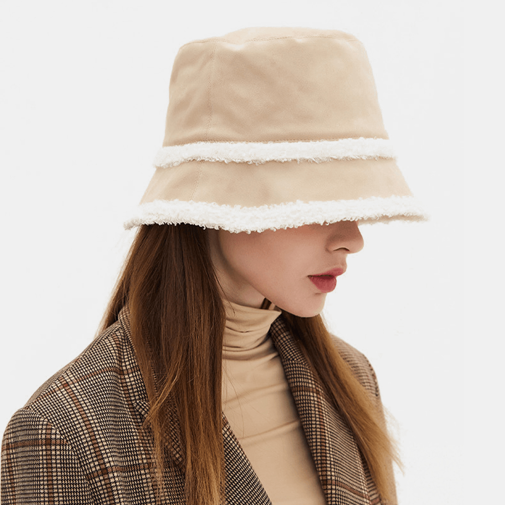 Women Suede Lamb Hair Casual Fashion Elegant Keep Warm Outdoor Bucket Hat - MRSLM