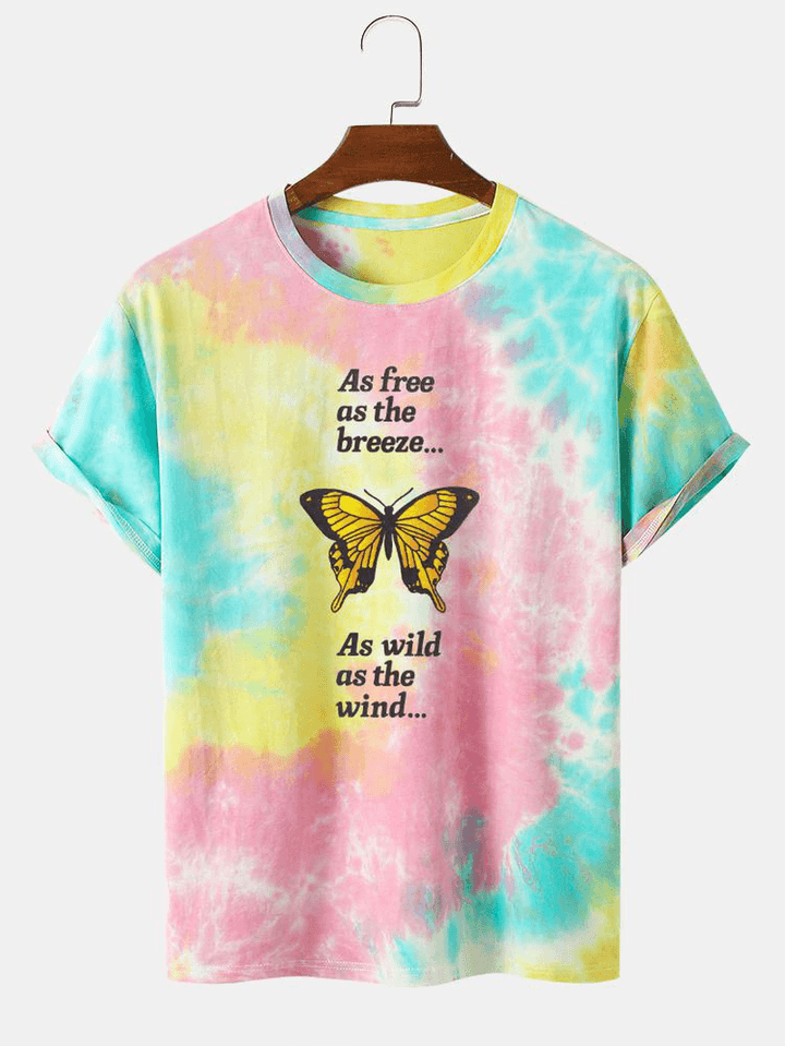 Mens Casual Butterfly Letter Print Street Tie Dye Short Sleeve T-Shirts - MRSLM