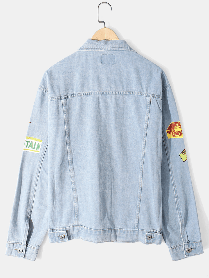 Mens Letter Pattern Print Embroidery Cotton Outdoor Stylish Denim Jacket with Pocket - MRSLM