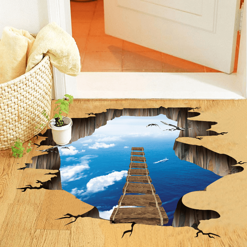 Miico Creative 3D Sky Suspension Bridge Broken Wall Removable Home Room Decorative Wall Door Decor Sticker - MRSLM