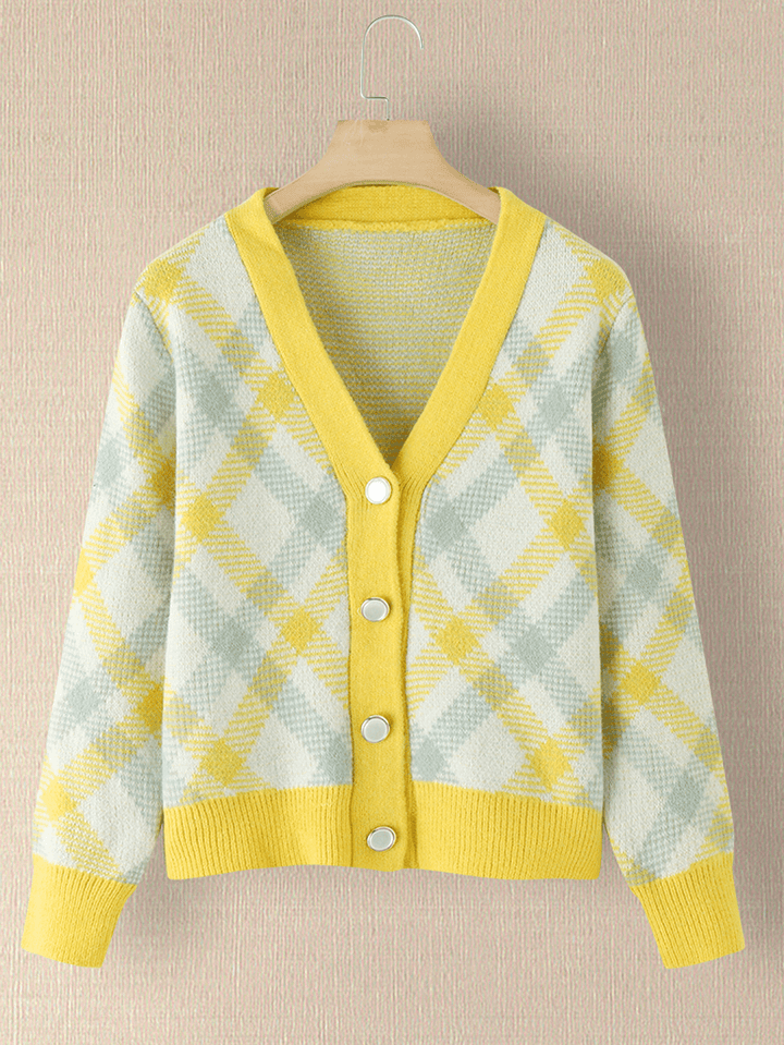 Women Plaid V-Neck Knitted Elastic Cuff Color Block Cardigan - MRSLM